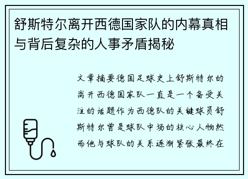 舒斯特尔离开西德国家队的内幕真相与背后复杂的人事矛盾揭秘