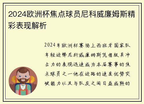2024欧洲杯焦点球员尼科威廉姆斯精彩表现解析 2024欧洲杯焦点球员尼科威廉姆斯精彩表现解析